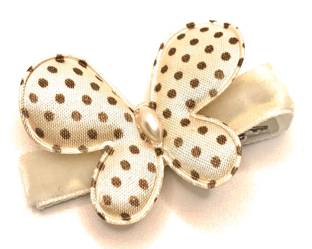 Ivory Satin Butterfly with Brown Polka Dots Hair Clip