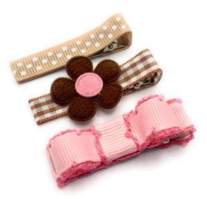 Brown Flower with Pinks Assortment Hair Clip Set