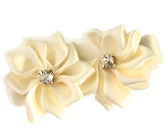 Ivory Double Flower with Rhinestones Hair Clip