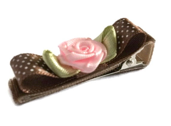 Brown Satin Bar Bow with Rose Hair Clip