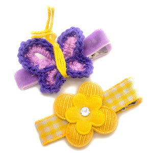 Purple Crochet Butterfly with Yellow Flower Hair Clip Set