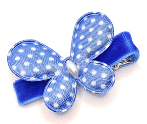 Blue Satin Butterfly with Polka Dots Hair Clip