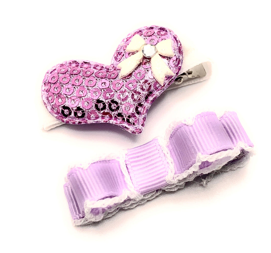 Purple Sequin Heart with Purple Bar Bow Hair Clip Set