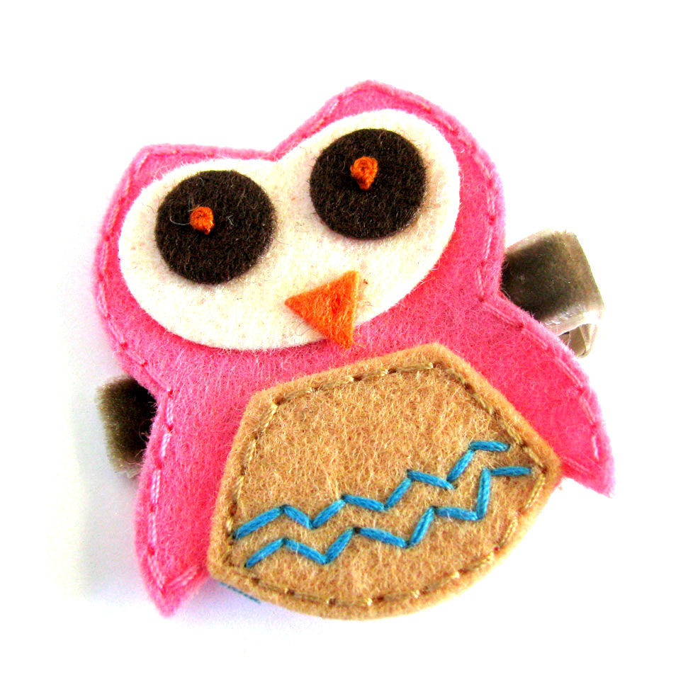Pink with Brown Owl Hair Clip
