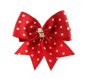 Red and White Polka Dot Hair Bow with Rhinestones on Velvet Lined Hair Clip