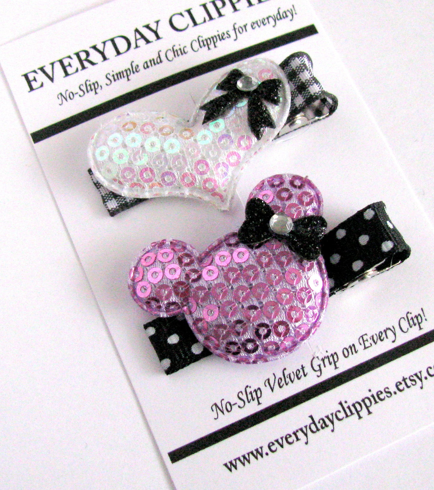 Purple Sequin Mouse and Heart Hair Clip Set