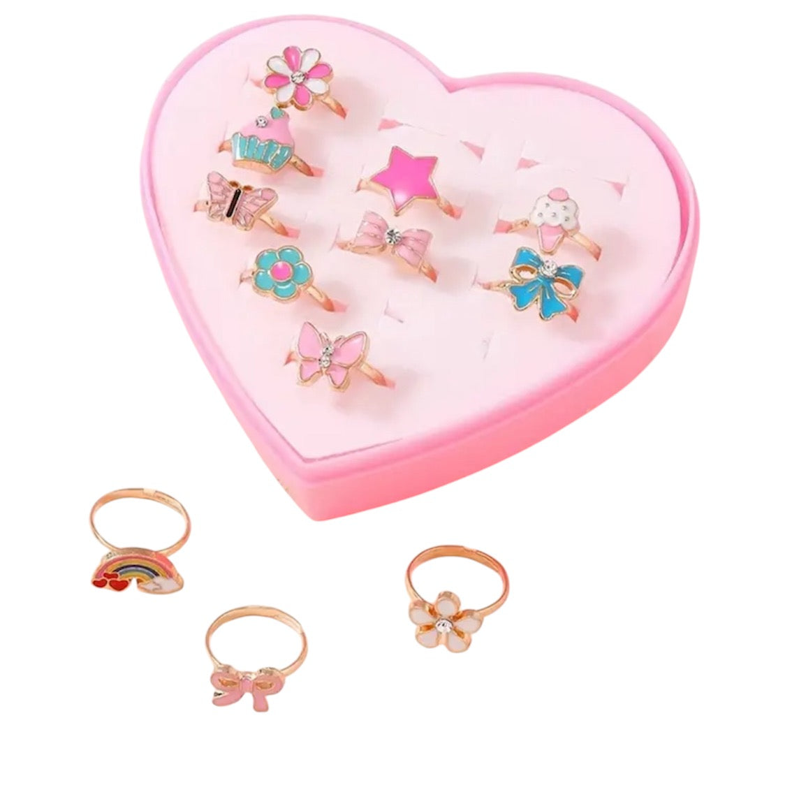 12 piece Little Girl Adjustable Flower and Bows Ring Gift Set