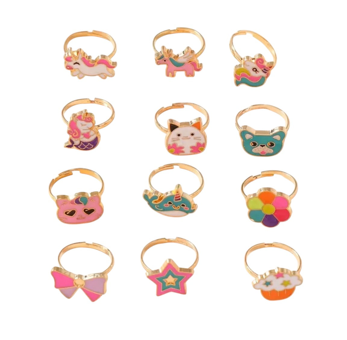 12 piece Little Girl Adjustable Unicorn and Friends Ring Gift Set