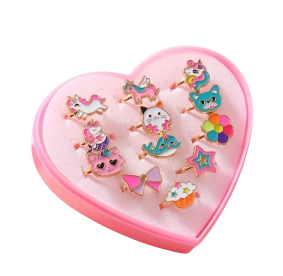 12 piece Little Girl Adjustable Unicorn and Friends Ring Gift Set