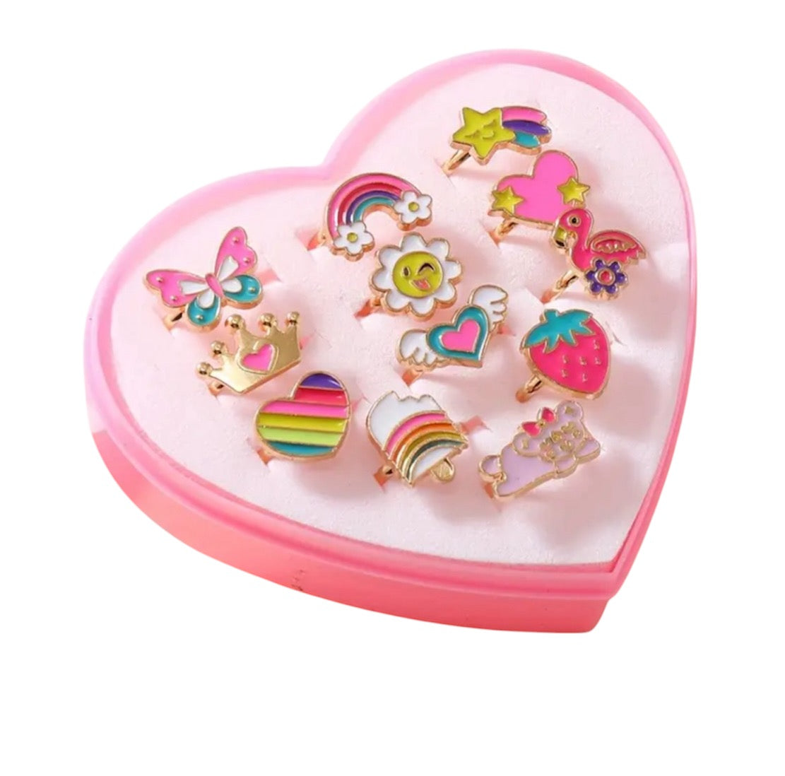 12 piece Little Girl Adjustable Hearts and Rainbows Ring Gift Set