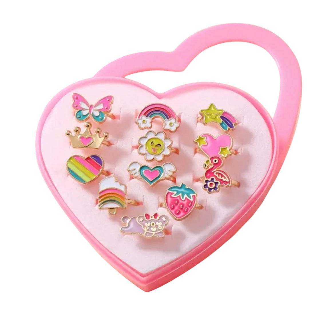 12 piece Little Girl Adjustable Hearts and Rainbows Ring Gift Set