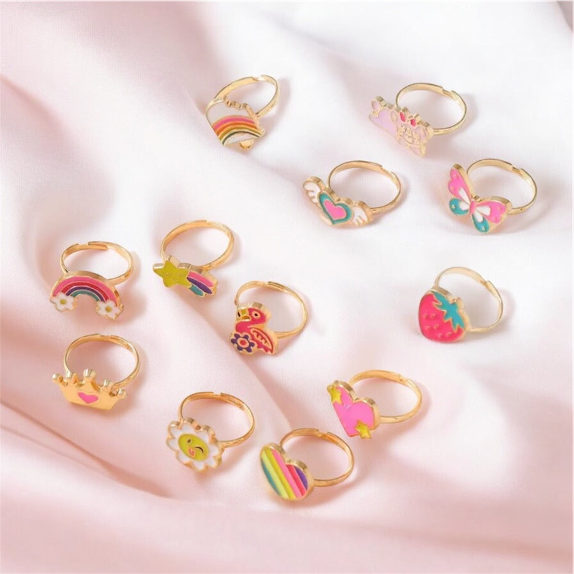 12 piece Little Girl Adjustable Hearts and Rainbows Ring Gift Set