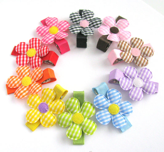 Set of 10 Gingham Flower Rainbow Hair Clips!