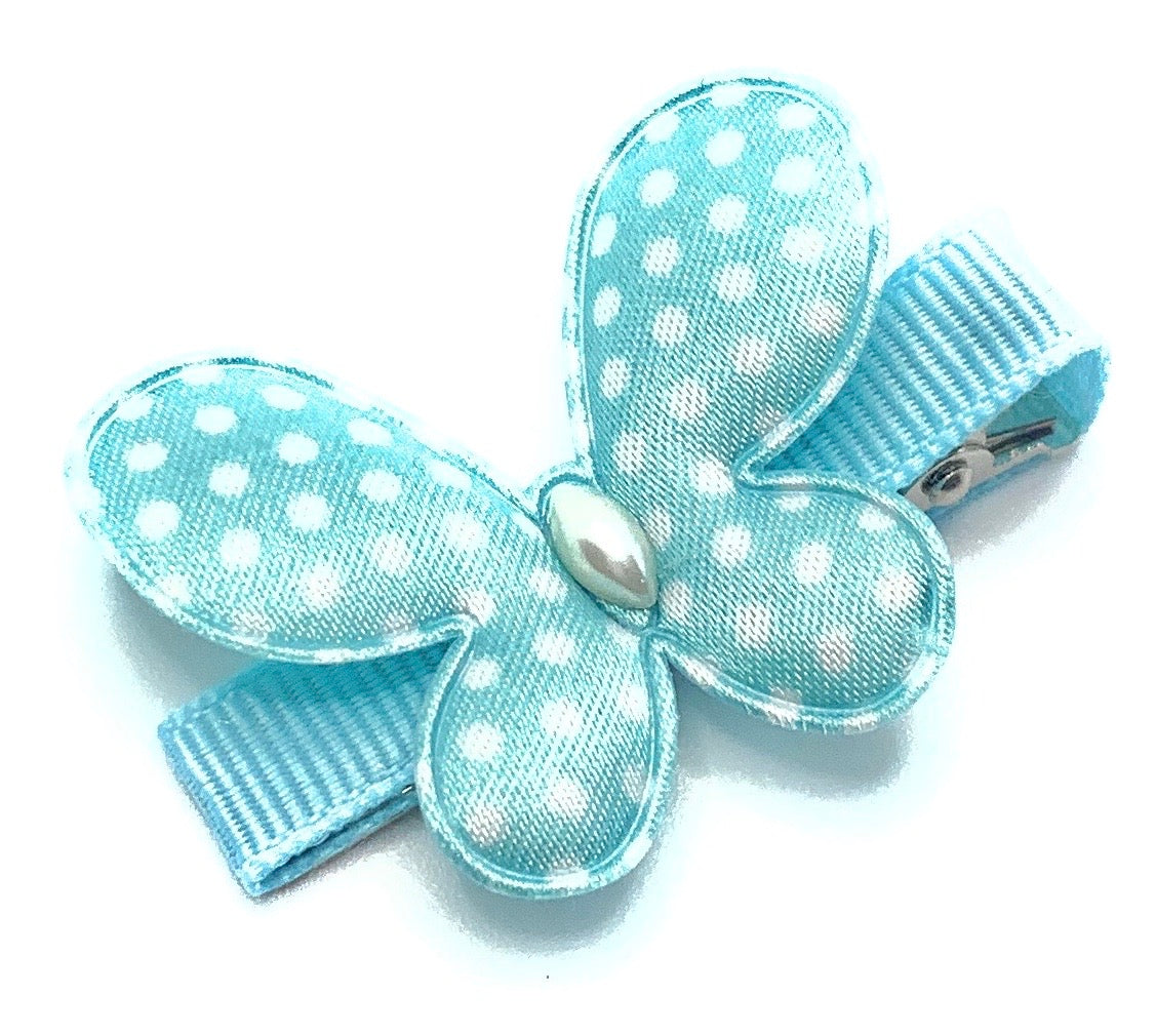 Cyan Blue Satin Polka Dot Butterfly Hair Clip