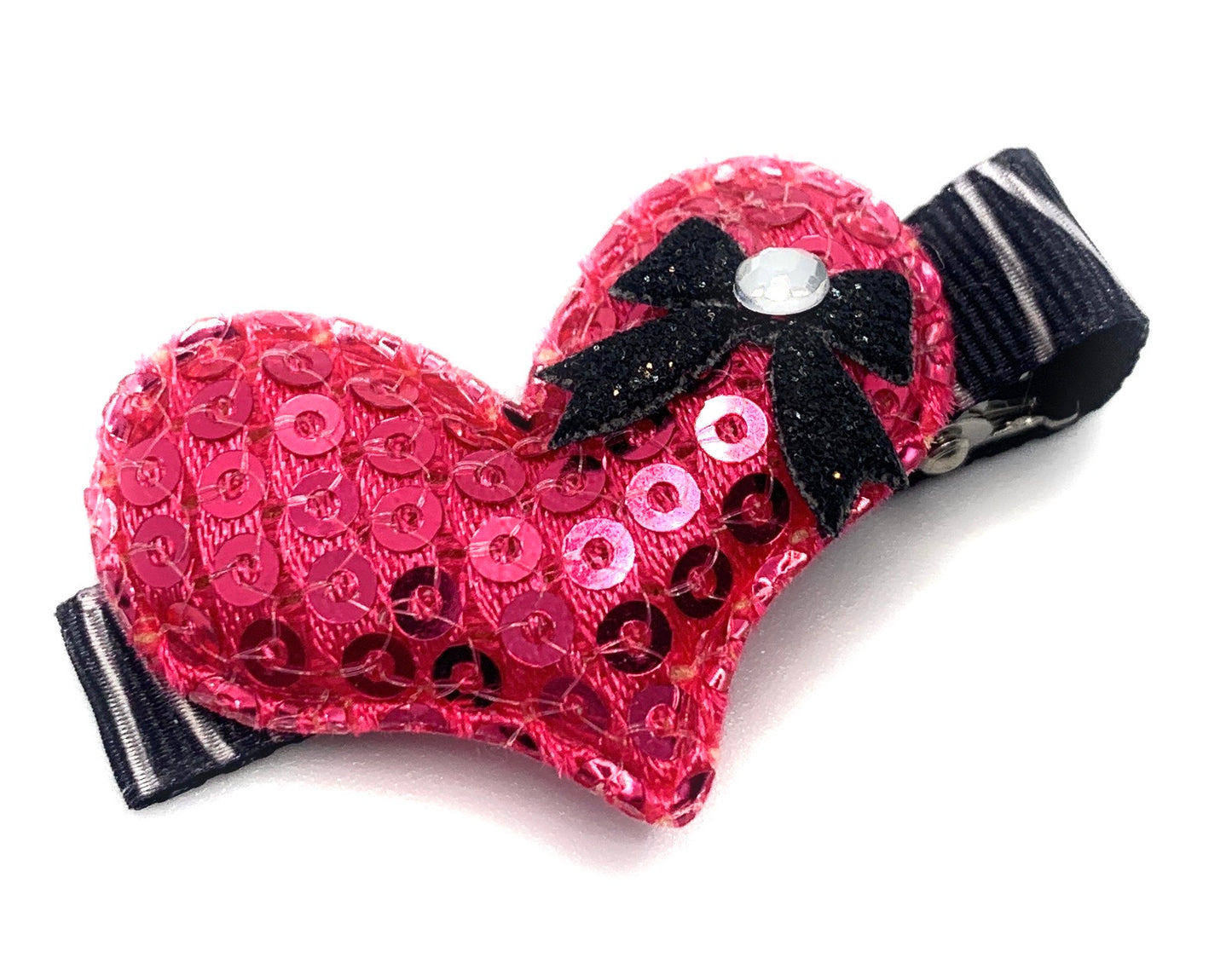 Hot Pink Sequins Heart with Black Bow Hair Clip