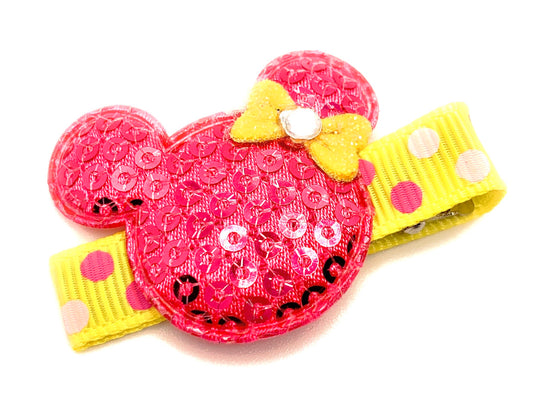 Hot Pink Sequin with Yellow Bow Mouse Hair Clip