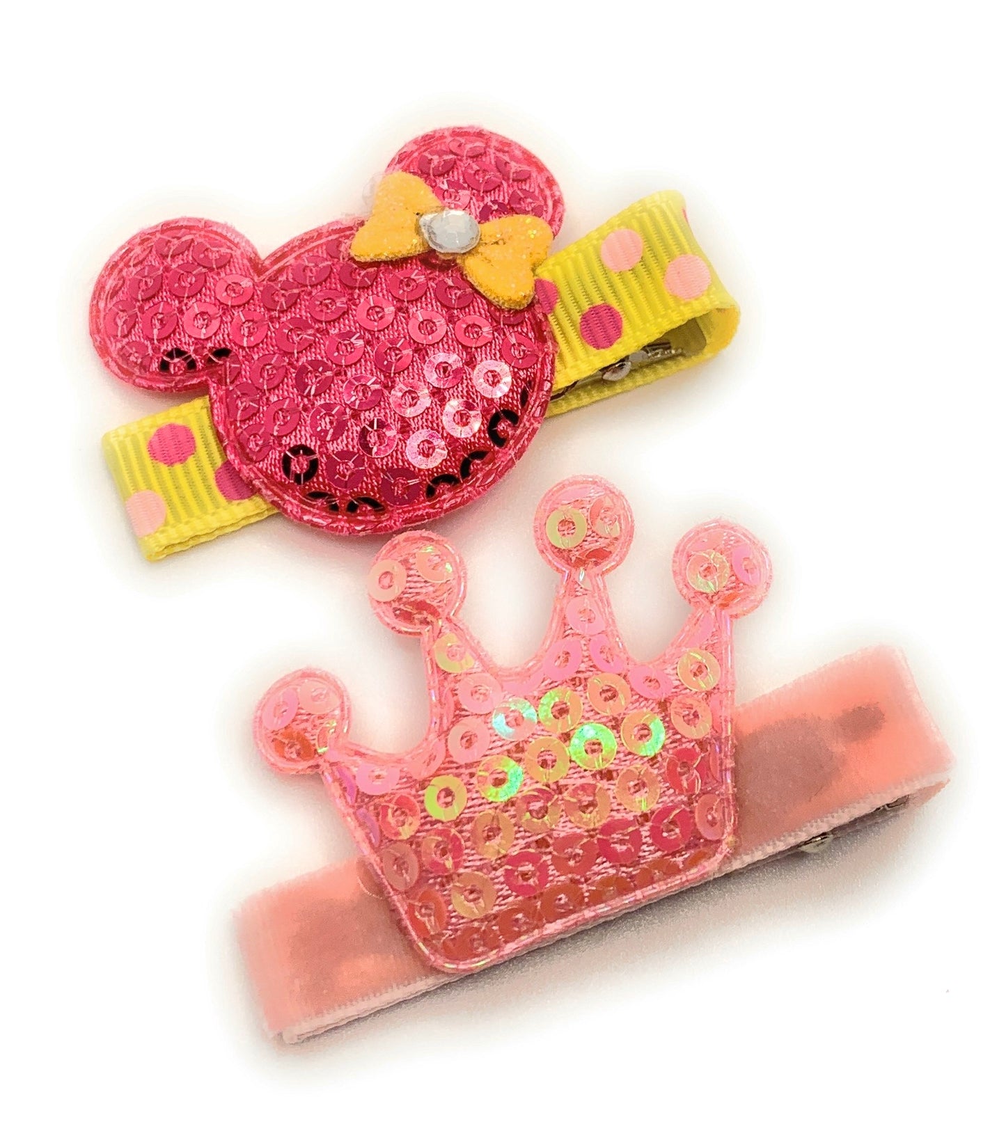 Hot Pink Sequin with Yellow Bow Mouse and Crown Hair Clip Set