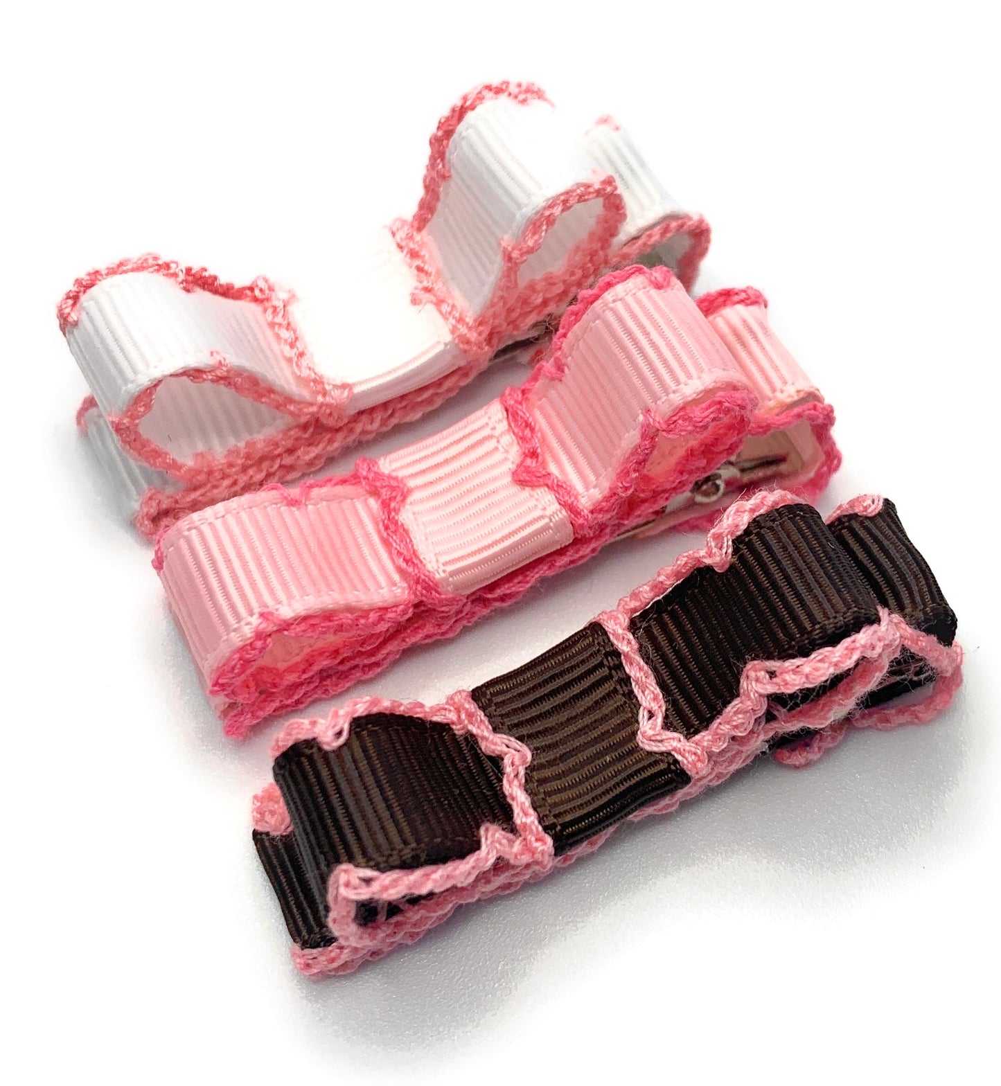 Pink and Brown Saddle Stitch Bar Bow Hair Clip Set