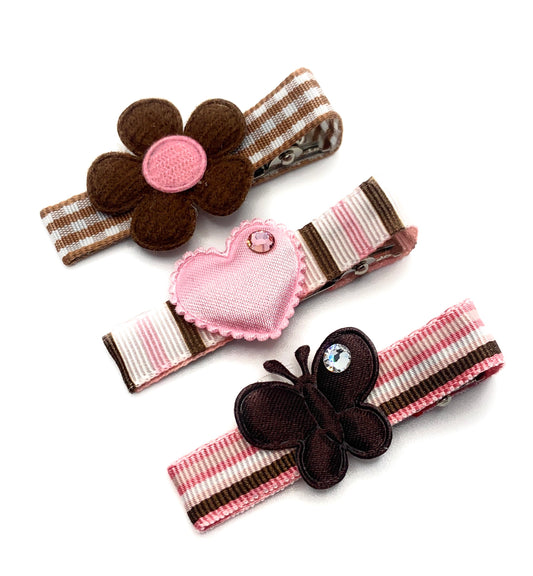 Pink and Brown Embellished Hair Clip Set