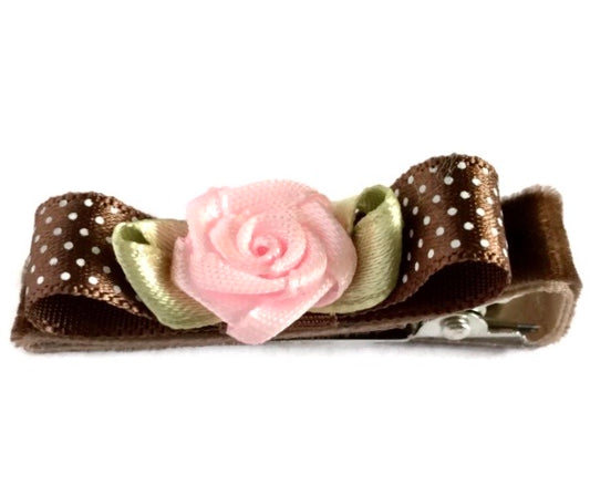 Brown Satin Bar Bow with Rose Hair Clip