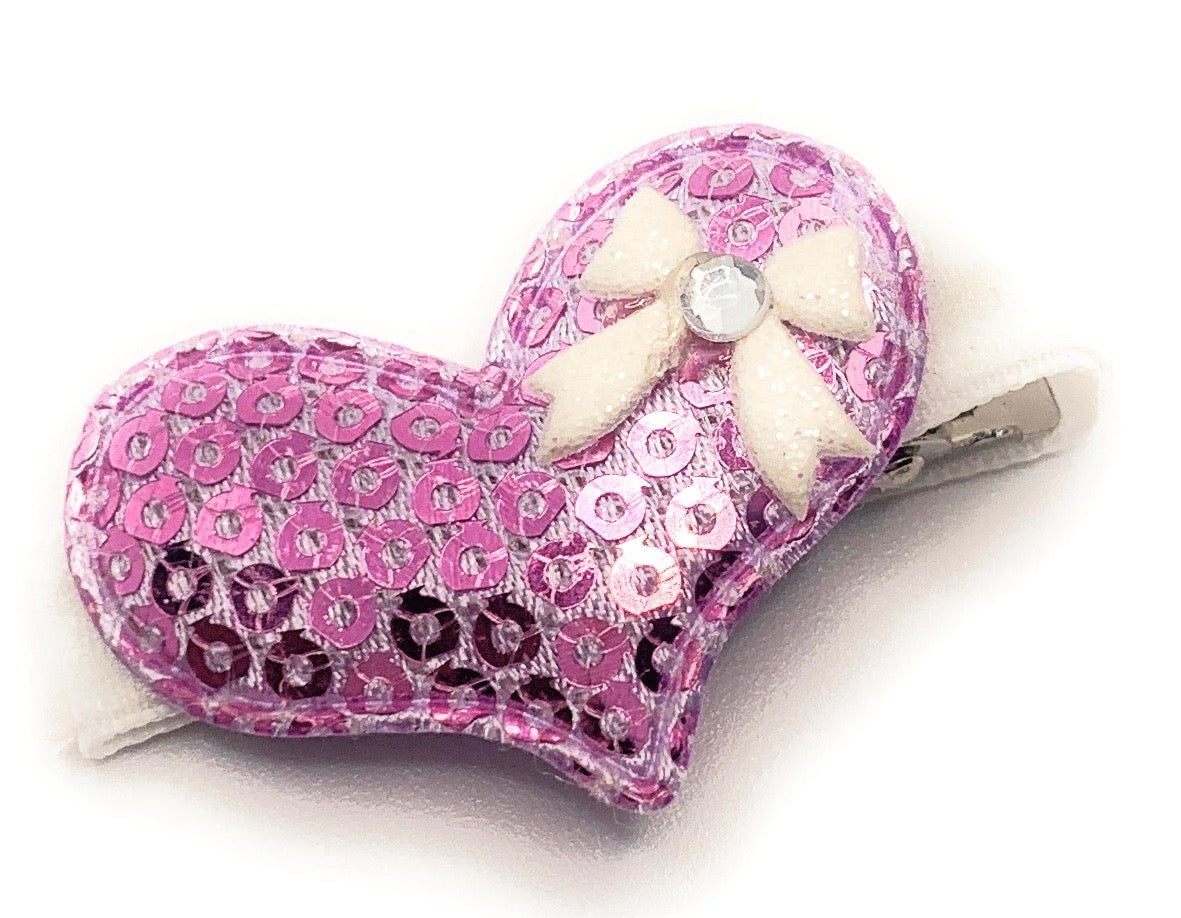 Purple Sequin Heart with bow Hair Clip