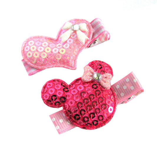 Sequin Mouse and Heart Hair Clip Set - 4 Color Options
