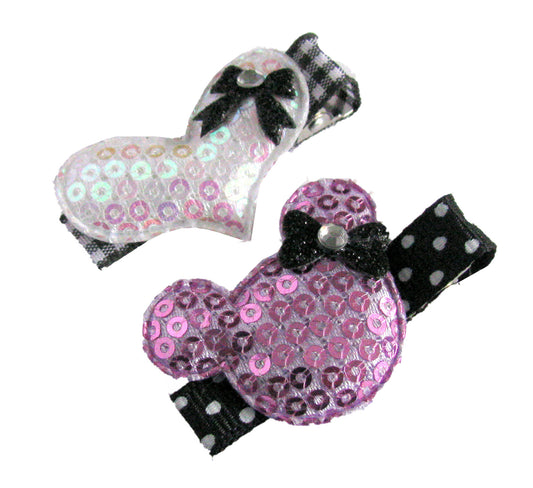 Purple Sequin Mouse and Heart Hair Clip Set